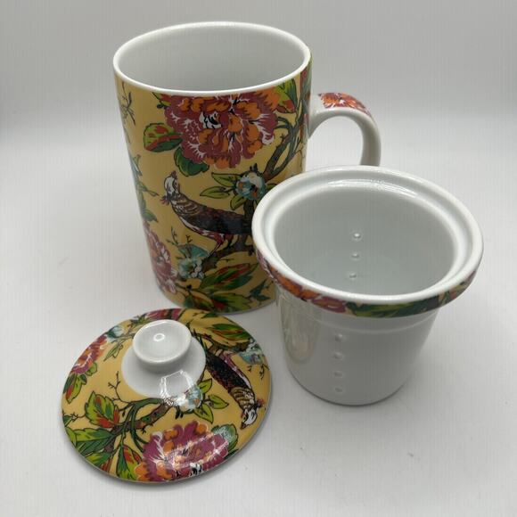 Yellow /Bird/Floral Ceramic Tea Cup Infuser - Picture 1 of 7